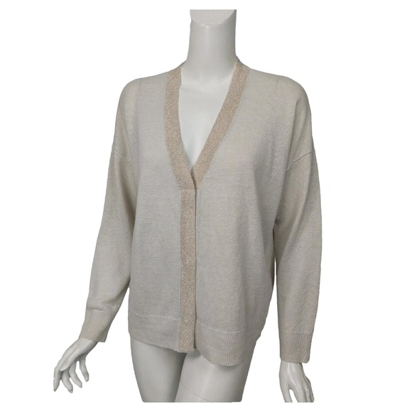 Eileen Fisher Organic Linen Metallic Trim Cardigan Beige Gold Size‎ S Petite